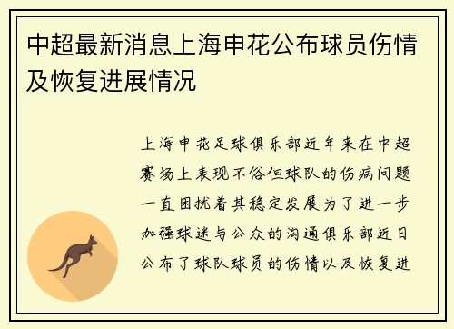 中超最新消息上海申花公布球员伤情及恢复进展情况 中超最新消息上海申花公布球员伤情及恢复进展情况